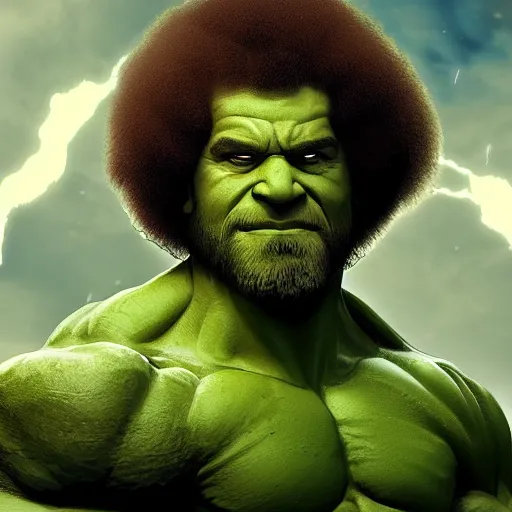 Image similar to photomanipulation of BOB ROSS as hulk, marvel, fully detailed, volumetric lightening, octane render