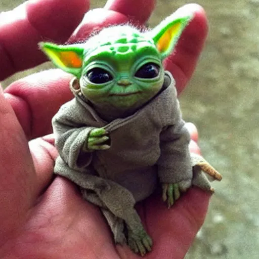 Image similar to a tiny pigmy baby yoda-kitten hybrid in the palm of a person's hand, super cute