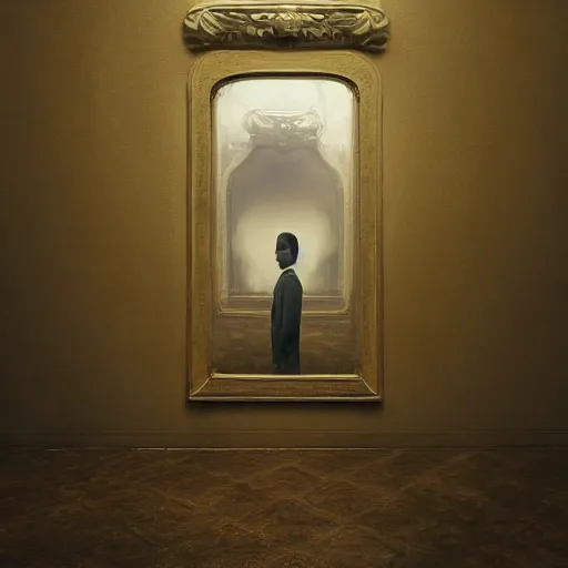 Image similar to a politician looking in the mirror, reflection of the grim reaper, beksinski, dariusz zawadzki, symmetrical, very coherent symmetrical artwork, cinematic, hyper realism, high detail, octane render, 8 k