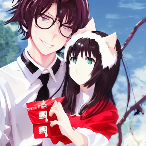 Image similar to anime woman with cat ears holding a package of sugar and a boy wearing white shirt and red tiw, digital artwork, in the style of krenz cushart