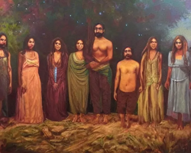 Prompt: beautiful oil painting of a brown man and his 7 wives in the afterlife.