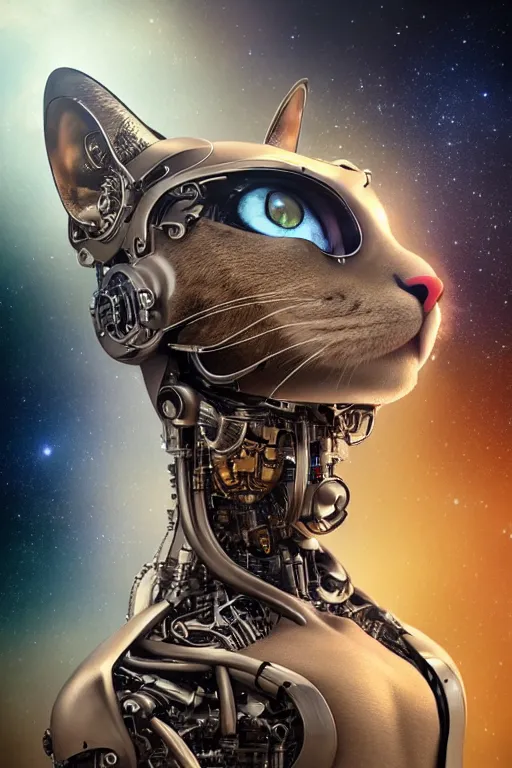 Image similar to a beautiful ultradetailed fine art photo of a futuristic cybernetic cyborg cat against galactic space, by tom bagshaw and natalie shau, portrait, 3 5 mm lens, golden ratio composition, detailed face, studio photography, very detailed, deep depth of field, humanoids, industrial robotic cats, artstation, 8 k, highly coherent