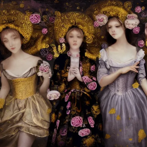 Prompt: 8k, octane render, fine detail, realism, tonalism, renaissance, rococo, baroque, group of creepy young ladies wearing long harajuku manga dress with flowers and skulls, background chaotic gold leaf flowers