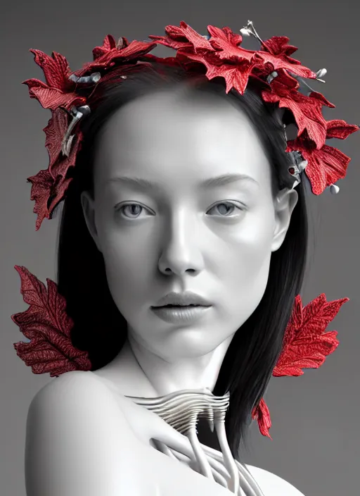 Image similar to complex 3d render ultra detailed of a beautiful porcelain profile young woman face, biomechanical cyborg, 200 mm lens, beautiful studio soft light, rim light, silver white gold red details, magnolia big leaves monochromatic and stems, roots, fine foliage lace, mesh wire, Alexander Mcqueen high fashion haute couture, art nouveau fashion embroidered, intricate details, hyper realistic, ultra detailed, mandelbrot fractal, anatomical, facial muscles, cable wires, microchip, elegant, octane render, H.R. Giger style, black eyes, plump lips, volumetric lighting, 8k post-production, trending on Artstation