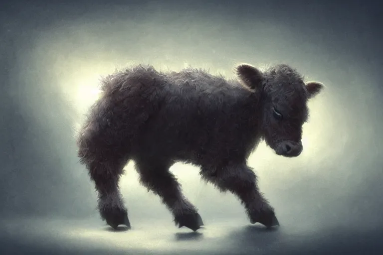 Image similar to cute fluffy calf by jean - baptiste monge, high quality, high resolution, 4 k, painted by cgsociety, rutkowski, gurney with ambient lighting, concept art, detailed, smooth, dynamic volumetric cinematic lighting, octane, raytrace