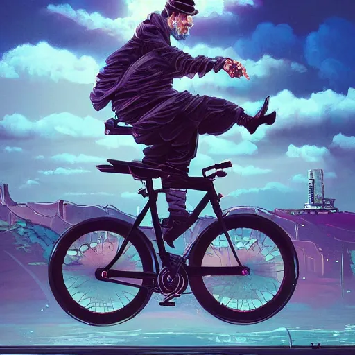 Image similar to a beautiful painting of a very detailed gangster riding a bike by dan mumford, beeple, trending on artstation, vapourwave