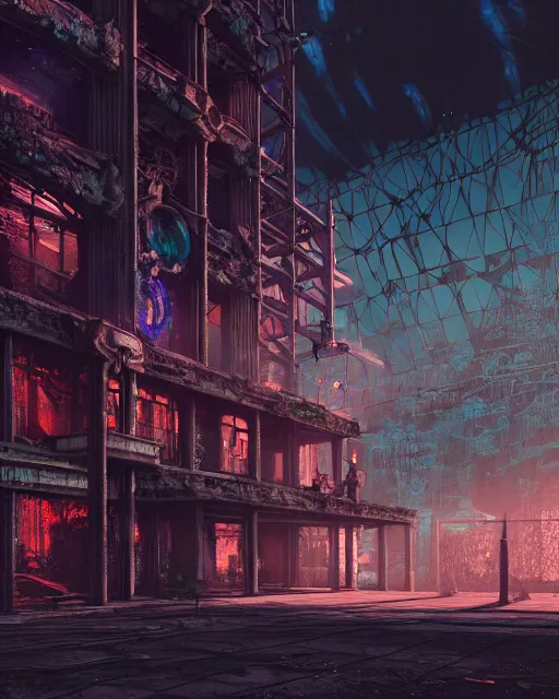 Prompt: a beautiful hyperdetailed render of urbex store unfinished building by pierre de meuron, cgsociety at night poppy matte painting azeroth liberty city scumm bar lake nightvision gem infrared uv light rainforest steampunk cyberpunk at winter bioshock at dusk dramatic lighting retro synthwave, archdaily, wallpaper, highly detailed, trending on artstation.