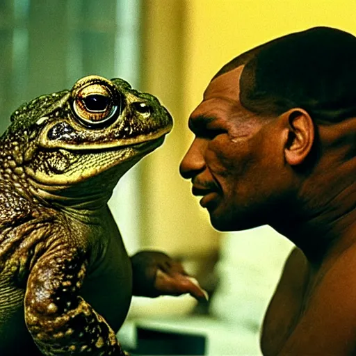 Prompt: a giant toad sitting with mike tyson in a room, from the movie directed by martin scorsese and christopher nolan, masterpiece, 8 h