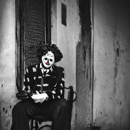 Image similar to an old black & white 5 0 mm close up portrait of a man dressed up as a clown holding a playstation controller while seated in a chair, in a dark foggy alley