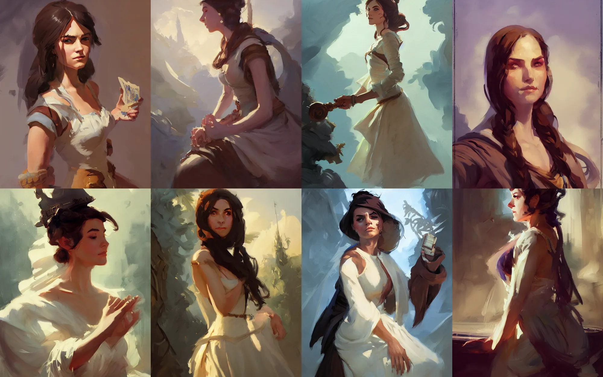 Prompt: portrait of young woman traveler in dress cloth greg manchess portrait painting of bard, d & d, fantasy, medium shot, asymmetrical, intricate, elegant, matte painting, illustration, hearthstone, by greg rutkowski, by greg tocchini, by james gilleard, by joe fenton