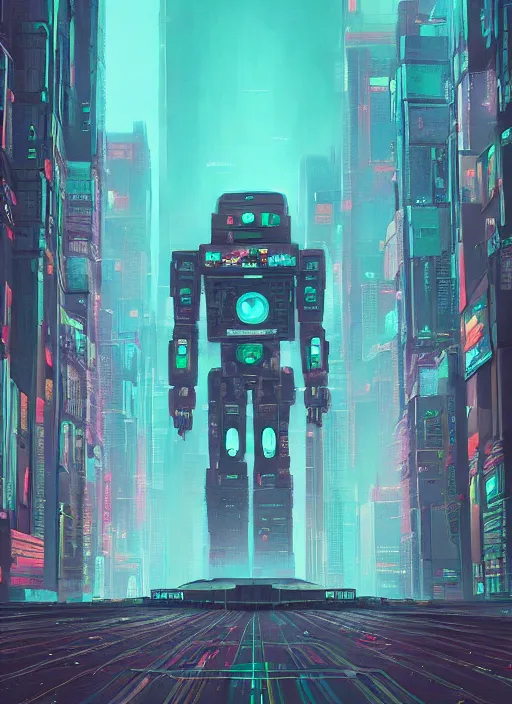 Prompt: a painting of a giant robot standing in front of a city, cyberpunk art by beeple by dan mumford, behance contest winner, nuclear art, dystopian art, apocalypse art, sci - fi