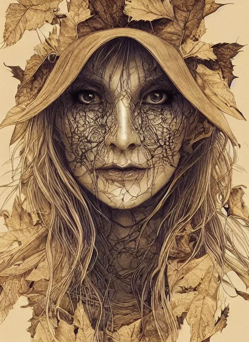 Image similar to golden leaves at frame border, creative!!! composition for a book cover!!!, absurdly beautiful, ultrafine hyperrealistic detailed old witch face by wlop and artgerm and greg rutkowski, intricate linework, sharp focus, smooth, octopath traveler, final fantasy, unreal engine, dramatic lighting, ethereal, 8 k