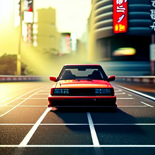 Image similar to a car drifting JZX100 on Ebisu Circuit, Shibuya prefecture, city sunset, cinematic color, photorealistic, highly detailed, bokeh, DOF, octane render