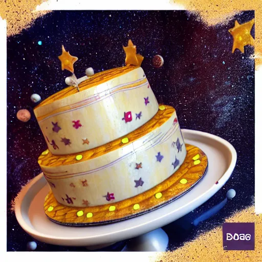 Image similar to Realistic cake with planets and stars on it, behance, artstation, unreal render, unreal engine 5, octane, intricate, 100mm, photorealistic, hyper realism, high detail, smooth, sharp focus, bokeh, 8k, movie shot, cinematic perspective, studio shot