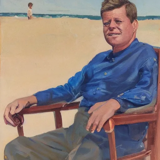 Image similar to portrait of john f kennedy, wrinkled, grey hair sitting on rocking chair, landscape of nantucket beach, dunes, ocean, bluff, handsome, hawaiian shirt, oil on canvas by william sidney mount - 1 9 8 2, trending on artstation