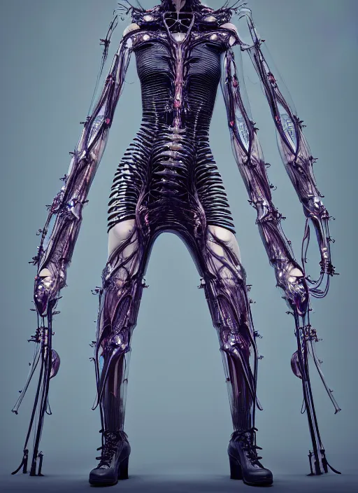 Image similar to iris van herpen gothic inflateble dark dress, perfect symmetrical body, helmet on face, full body shot, inflateble shapes, wires, tubes, veins, jellyfish, white biomechanical details, wearing epic bionic cyborg implants, masterpiece, intricate, biopunk, vogue, highly detailed, artstation, concept art, cyberpunk, octane render