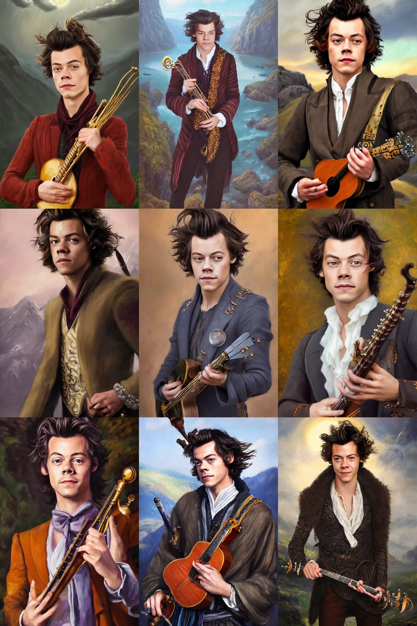 Prompt: a full body high detail fantasy portrait oil painting illustration of harry styles as elegant male bard by justin sweet with face and body clearly visible, in a scenic background, pupils visible, realistic proportions, d & d, rpg, forgotten realms, artstation trending, high quality, sombre mood, artstation trending, muted colours, entire person visible!