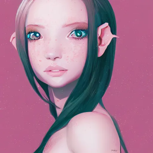 Image similar to girl portrait, elven princess, head and shoulders, matte print, pastel pink, digital art, cute freckles, digital painting, fan art, elegant, pixiv, by Ilya Kuvshinov, daily deviation, IAMAG