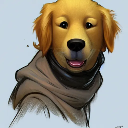 Prompt: golden retriever character shocked, pixar, disney, zootopia, up, concept art, sketch, trending on artstation, graphic novel, childrens illustrated storybook, by alphonse mucha and cory loftis and matthias lechner