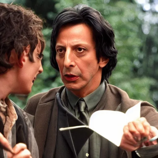 Prompt: Jeff Goldblum in the movie Harry Potter And The Prisoner Of Azkaban, working with Professor Snape