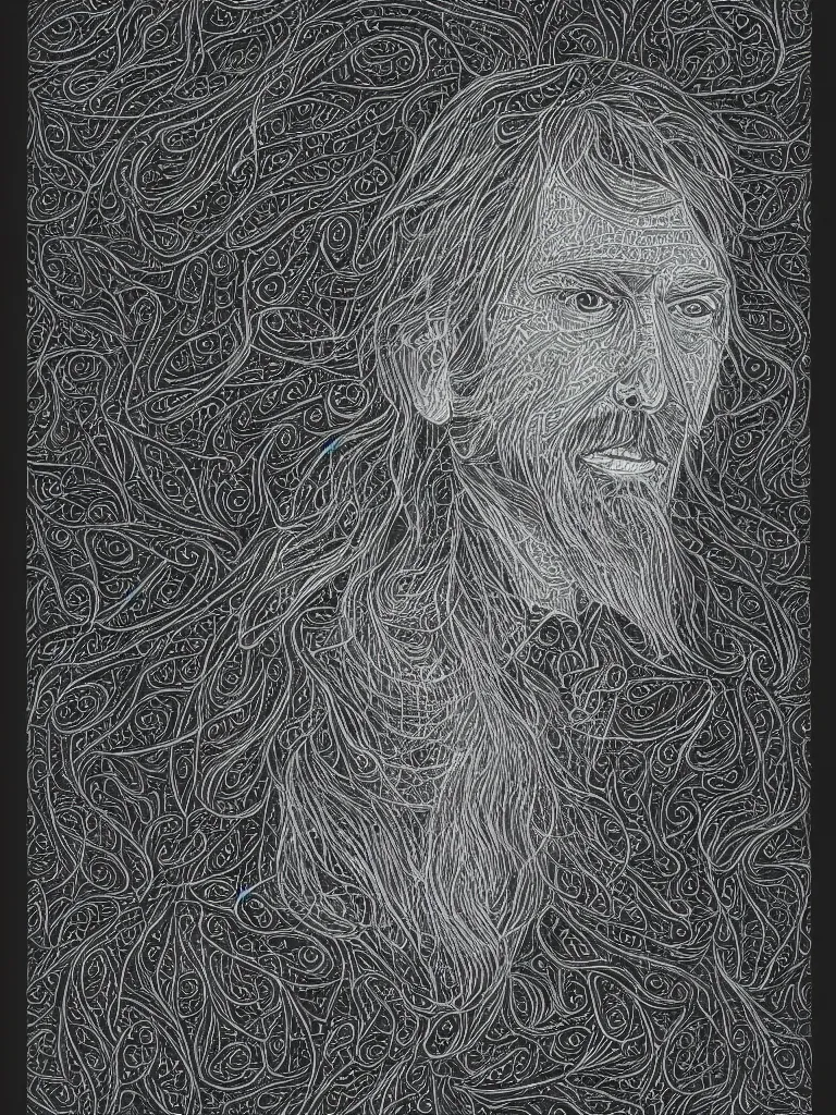 Image similar to portrait of alan watts with a fractal floral pattern background, neon pencil on black paper