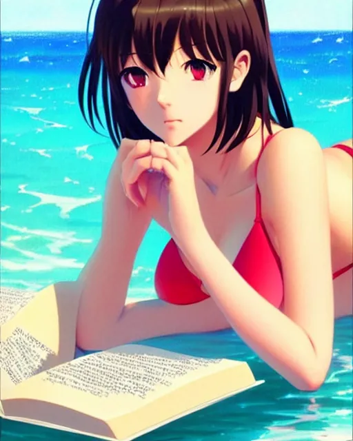 Image similar to very cute girl in bikini reading a book | very anime!!!, fine face, audrey plaza, realistic shaded perfect face, fine details. anime. strong realistic shaded lighting poster by ilya kuvshinov katsuhiro otomo ghost, magali villeneuve, artgerm, jeremy lipkin and michael garmash and rob rey