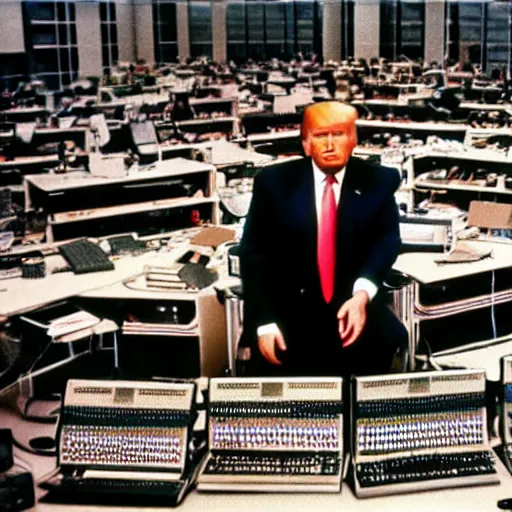 Image similar to candid color photo of Donald Trump nervously sitting at an enormous bank of very complicated, 1970's looking computers trying to blend in to avoid the fbi officers searching for him