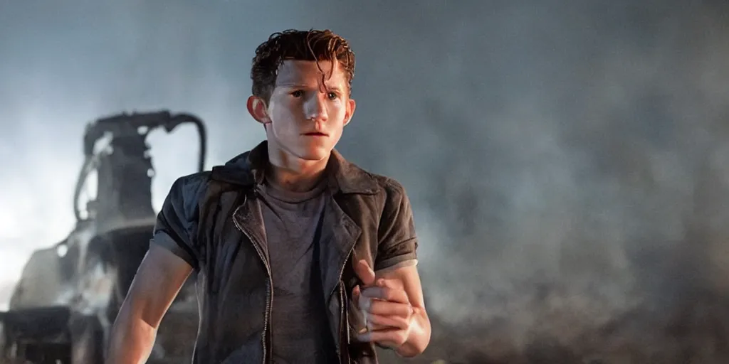 Prompt: a film still of Tom Holland in terminator, high quality