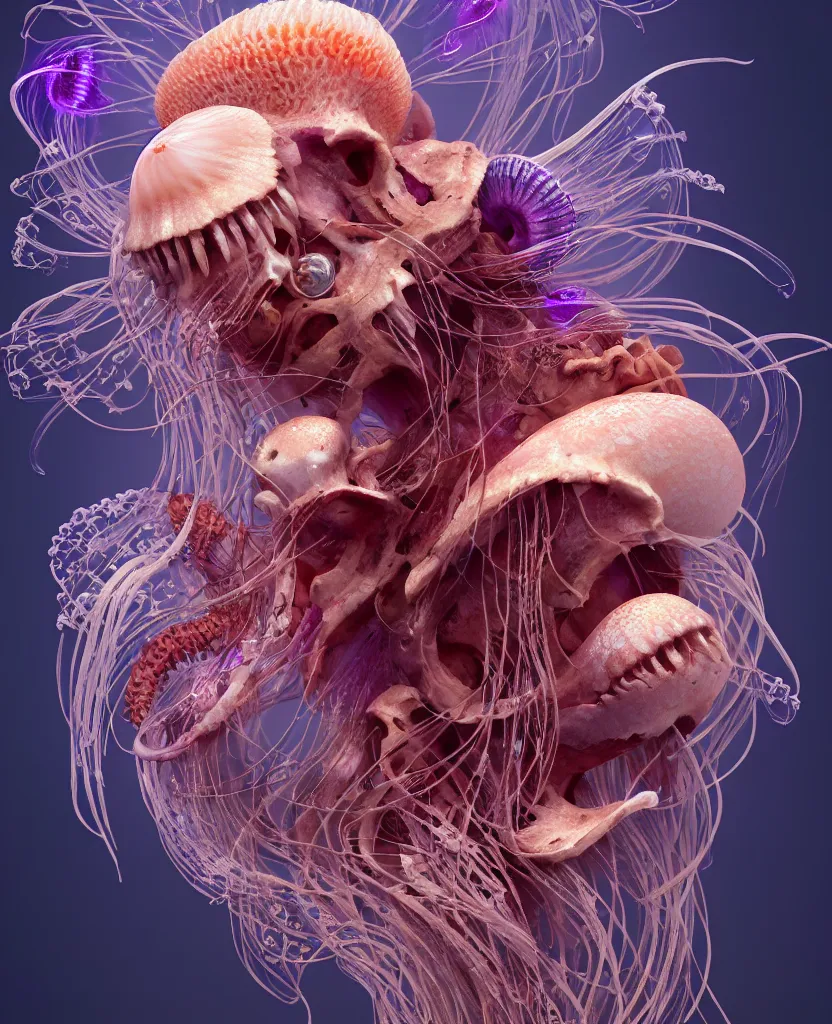 Image similar to goddess close-up portrait ram skull. jellyfish phoenix head, nautilus, orchid, skull, betta fish, bioluminiscent creatures, intricate artwork by Tooth Wu and wlop and beeple. octane render, trending on artstation, greg rutkowski very coherent symmetrical artwork. cinematic, hyper realism, high detail, octane render, 8k