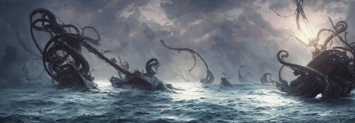 Prompt: kraken destroy Sailing ship, tentacles rising from the sea, magic the gathering art, art by greg rutkowski, fantasy rpg