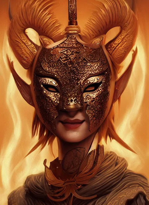 Image similar to a beautiful detailed oil on copper art illustration of a japanese kitsune mask woman, centered, by charlie bowater, zeng fanzh, trending on artstation, dim dusk lighting, cinematic lighting, detailed lighting, volumetric lighting, realistic, f 8, 4 k hd wallpaper