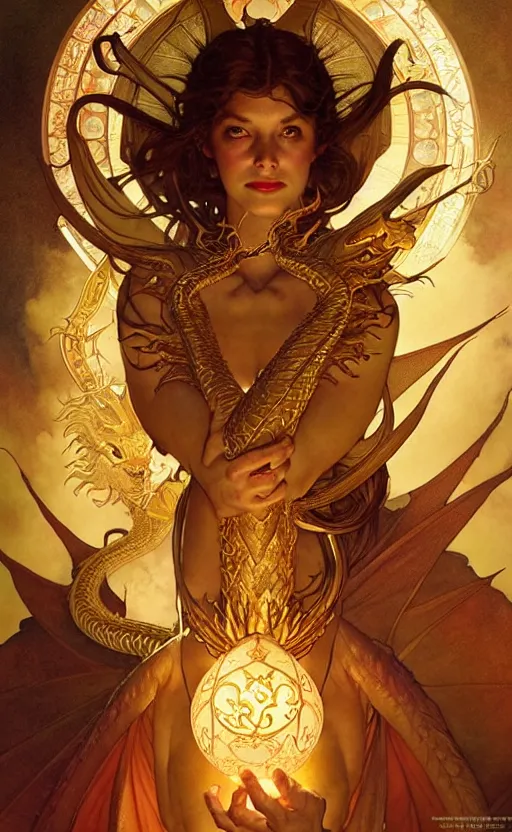 Image similar to magic gold dragon gorgeous lighting by weta studio, mucha, bautista and norman rockwell and greg rutkowski and tom bagshaw and james gurney and lucasfilm