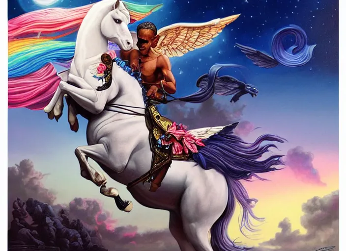 Image similar to obama riding an unicorn, by tristan eaton stanley artgerm and tom bagshaw.