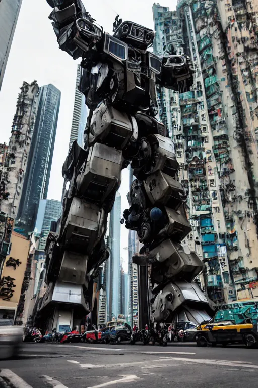 Prompt: portrait cinematography of beautiful young female, clothed in sci-fi military armor, long hair blowing in the wind. Giant mechs in the streets of Hong Kong. by Anita Sadowska