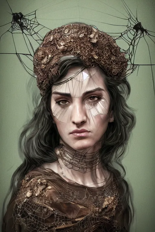 Image similar to portrait, headshot, digital painting, of a 17th century, beautiful, middle aged, middle eastern, wrinkles, decadent, cyborg noble woman, dark hair, piercings, spiderweb of network cables for hair, amber jewels, baroque, ornate dark green opulent clothing, scifi, futuristic, realistic, hyperdetailed, concept art, chiaroscuro, rimlight, art by syd mead