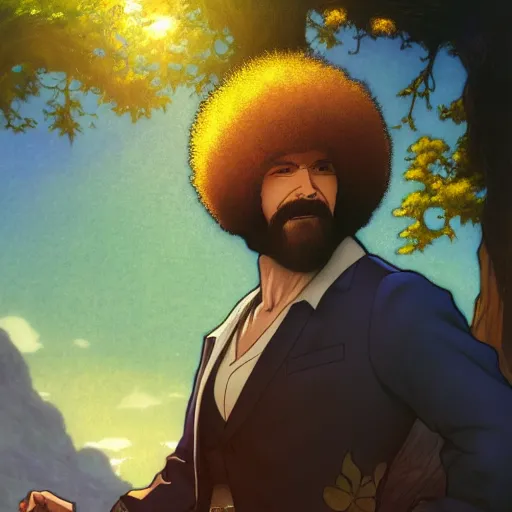 Image similar to a portrait of a Bob Ross , fantasy, David production, anime, HDR, natural light, shoulder level shot, dynamic pose, award winning photograph, Mucha style 4k,