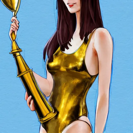 Prompt: a perfect, realistic professional digital sketch of a Japanese woman in racing one-piece swimsuit, she is holding a golden trophy cup, style of Marvel, by pen and watercolor, by a professional American senior artist on ArtStation, a high-quality hollywood-style sketch, on high-quality paper