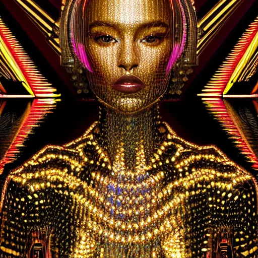 Prompt: hyperdetailed masterpiece portrait of a glossy golden metallic statue of a woman covered in colorful glowing digital circuits and hexagons, symmetrical, in the style of virgil abloh, offwhite, heron prestorn, denoise, vogue, paris, fashion, louvre museum, highly detailed, realistic, hyperreal, 8 k, render