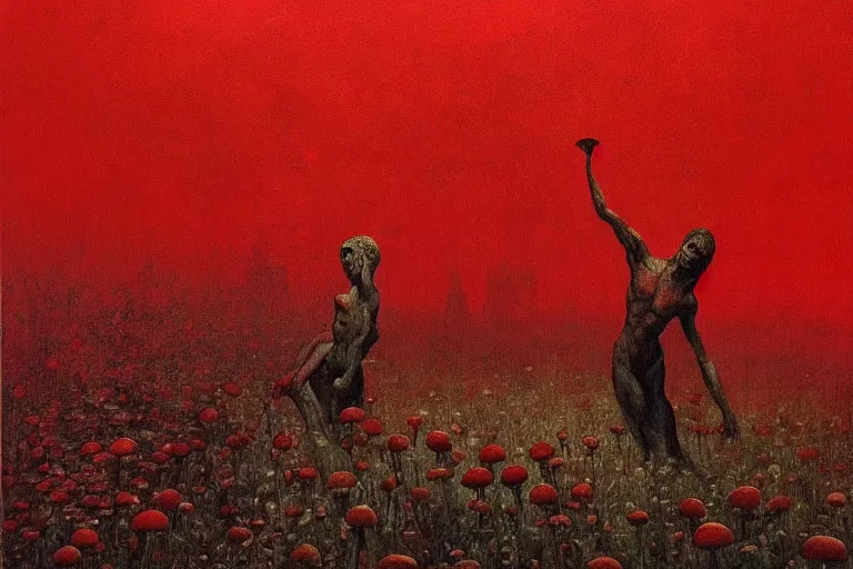 Image similar to only with red, red mushrooms of different types, a red tiger, a castle in the background, medieval demons dance over the flowers, an ancient path, in the style of beksinski, part by hopper, part by rodcenko, part by hofbauer, intricate composition, red by caravaggio, insanely quality, highly detailed, masterpiece, red light, artstation