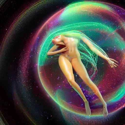 Prompt: A stunning young ethereal figure, delicately positioned and entwined in vibrant fluid hues, is being drawn and spaghettified into a blackhole, gravitational lenses, photons, dimples, Fantasy, hyperrealism, 4k, volumetric lighting, three dimensions, spaghettification, a digitally transformed world, user interface design, 3D modeling, artstation, illustration, and transportation design. art by Andrew Chiampo, Frederik Heyman and Jonathan Zawada