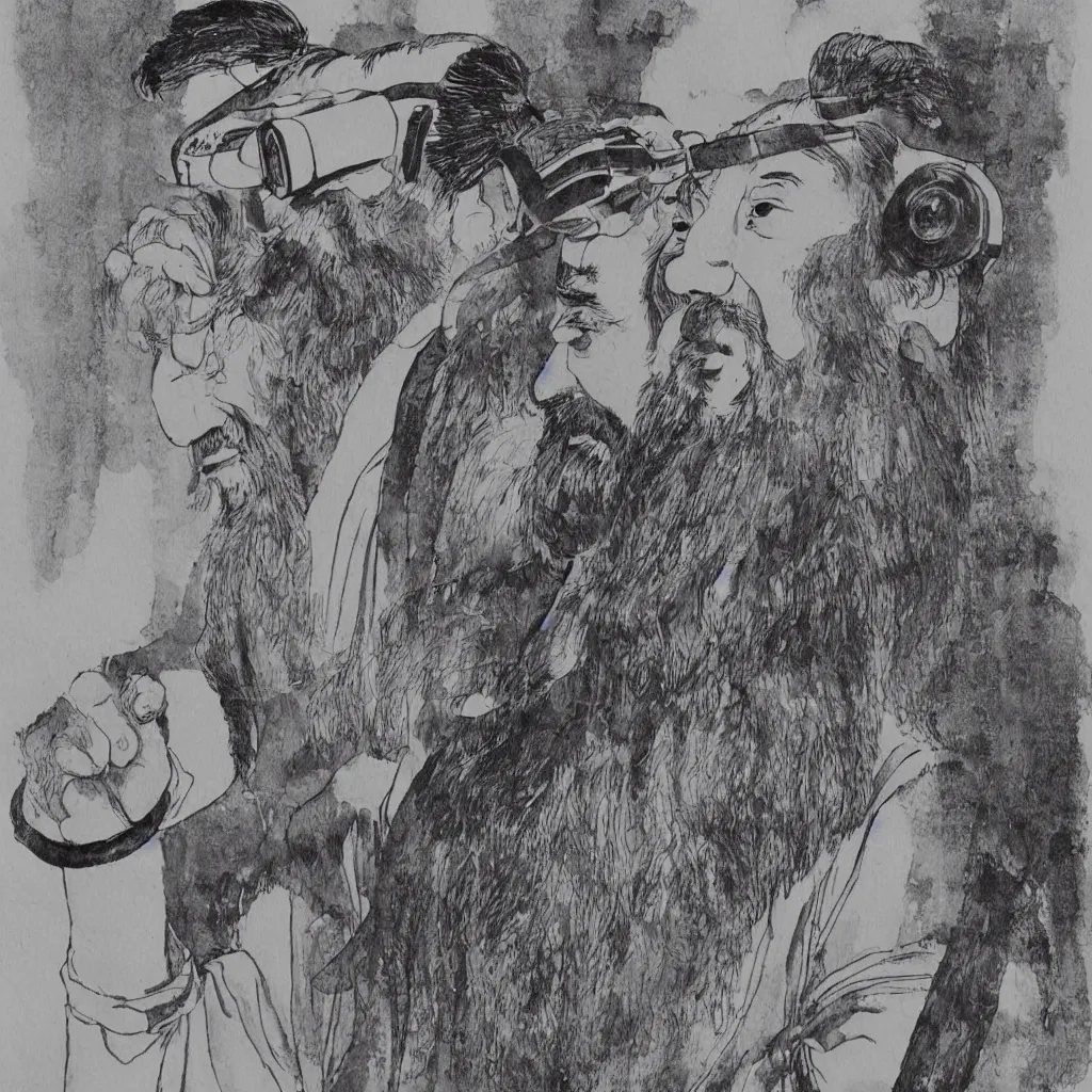 Image similar to confucius wearing vr headset, chinese ink painting