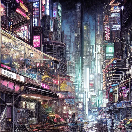 Image similar to hyper detailed illustration of a cyberpunk city at nighttime with rain, by Kev Walker, simon bisley and paolo parente