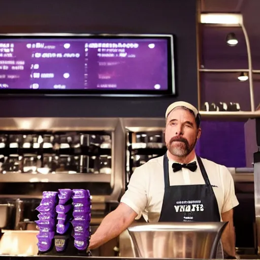 Image similar to a film still of thanos working as a starbucks barista in an upcoming movie, 4 k