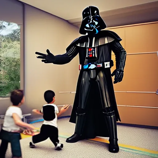 Prompt: “Darth Vader in school room with kids, movie scene, ultra realistic, rendered with unreal 5 engine”