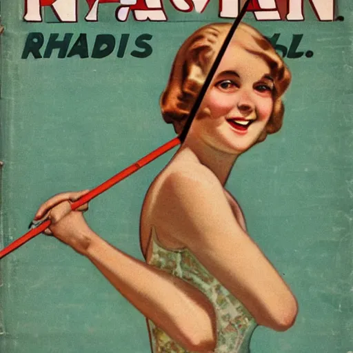 Prompt: a 1 9 2 8 cover of a quality magazine. happy, healthy, beautiful, smiling, young, sporty, glowing woman in decent athletic holding a glowing radium rod. hyper - realistic detailed color drawing