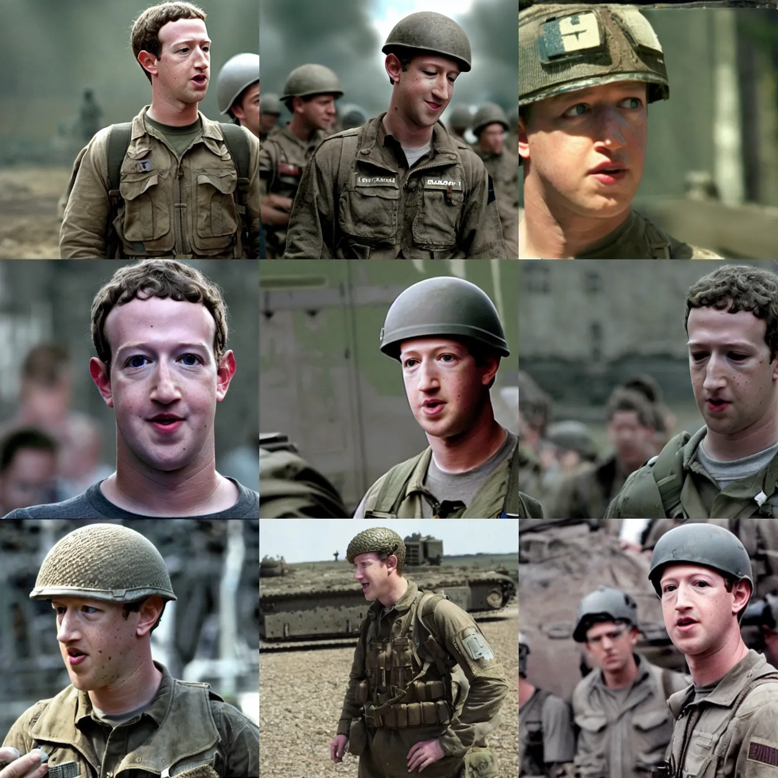 Prompt: Movie still of Mark Zuckerberg in Saving Private Ryan