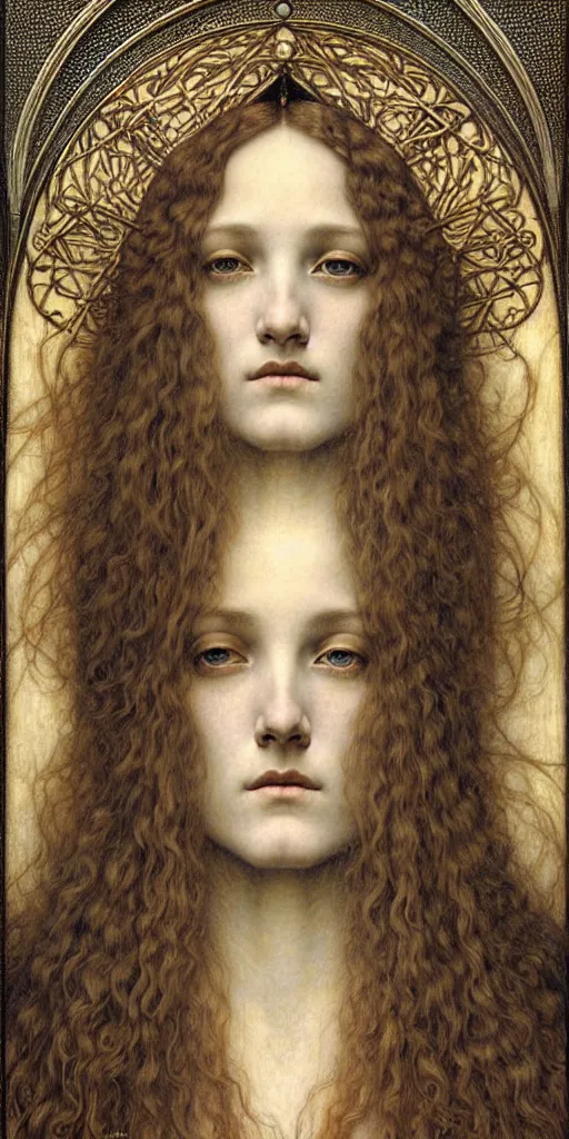 Image similar to detailed realistic beautiful young medieval queen face portrait by jean delville, gustave dore and marco mazzoni, art nouveau, symbolist, visionary, gothic, pre - raphaelite. horizontal symmetry