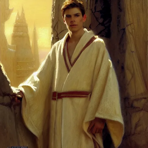 Image similar to a young, androgynous wizard with beautiful robes in an arctic temple, highly detailed painting by gaston bussiere, craig mullins, j. c. leyendecker, 8 k