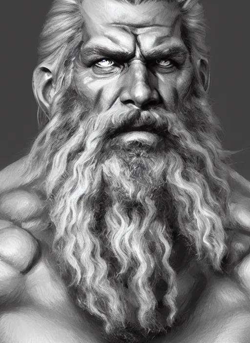 Image similar to painted portrait of rugged zeus, god of thunder, greek god, white hair, masculine, mature, handsome, upper body, muscular, hairy torso, fantasy, intricate, elegant, highly detailed, digital painting, artstation, concept art, smooth, sharp focus, illustration, art by gaston bussiere and craig mullins