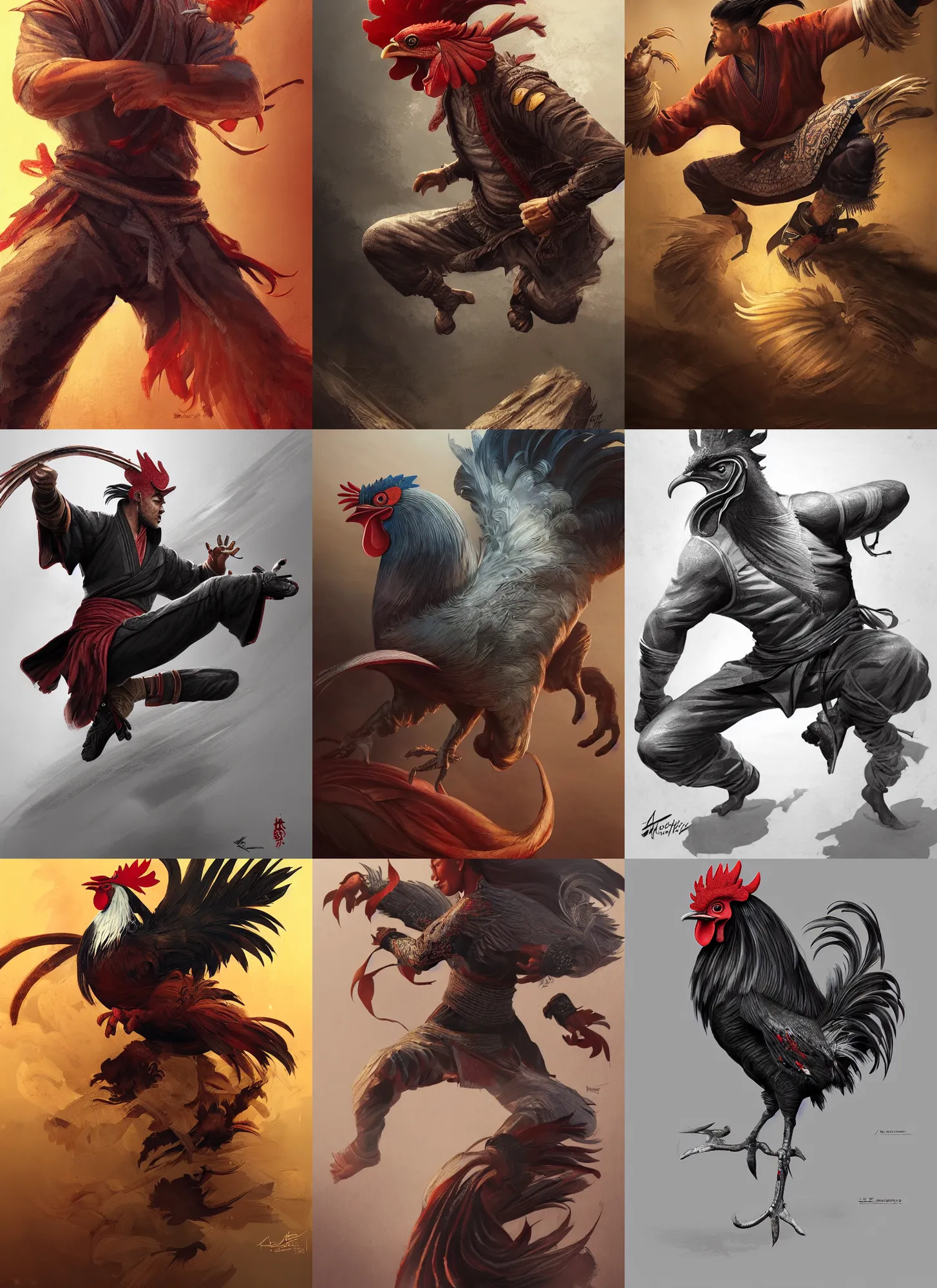 Prompt: rooster master of kung - fu, full shot, intricate, elegant, highly detailed, digital painting, artstation, concept art, sharp focus, illustration, aleksi briclot, rutkowski